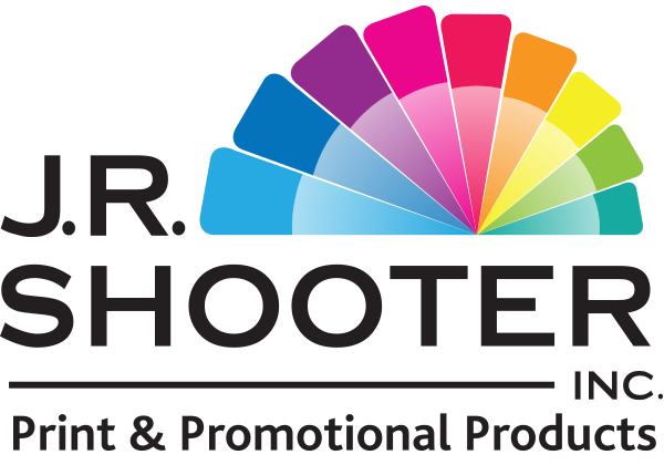 Black J.R. Shooter logo, no background, colour wheel on top of Shooter